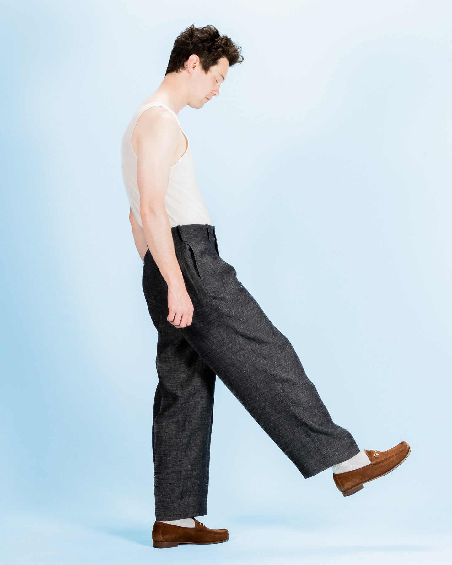 Gorsch Linen 2 Tuck Trousers - Navy/Grey - Standard & Strange