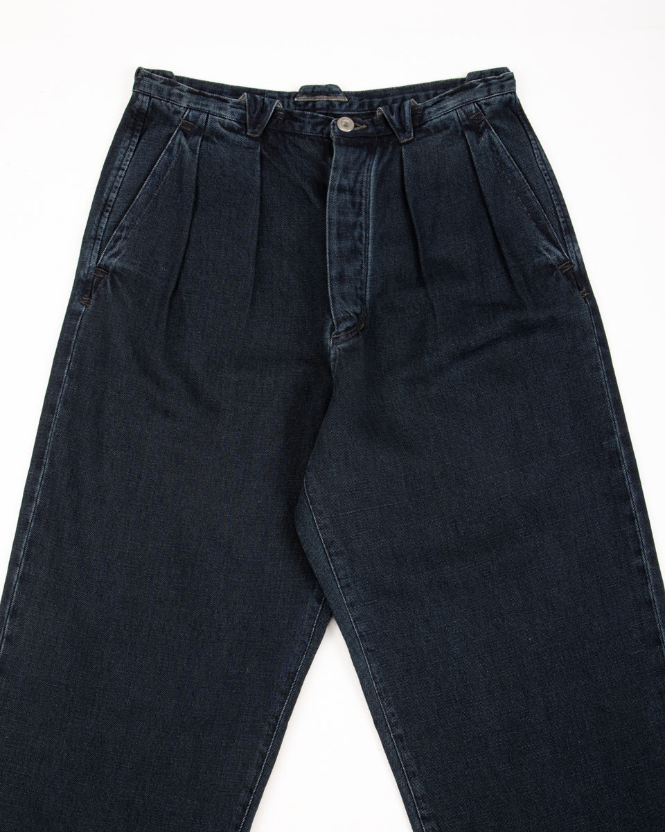 MotivMfg Pleat Denim Trousers - Char Navy Overdyed Linen Denim - Standard & Strange