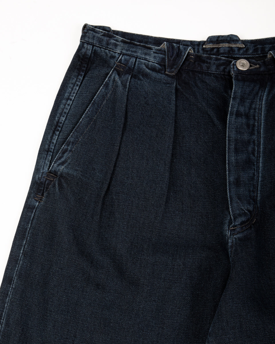 MotivMfg Pleat Denim Trousers - Char Navy Overdyed Linen Denim - Standard & Strange