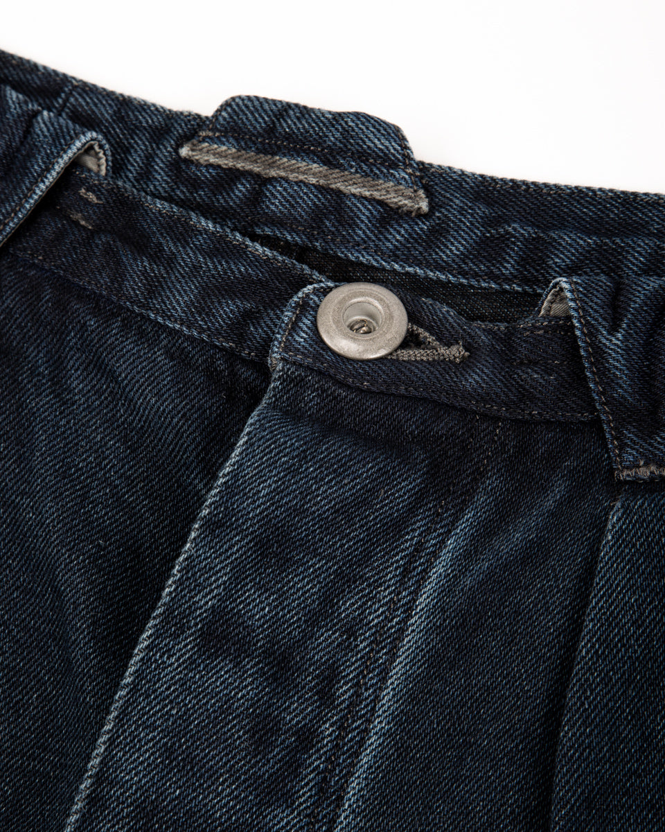 MotivMfg Pleat Denim Trousers - Char Navy Overdyed Linen Denim - Standard & Strange