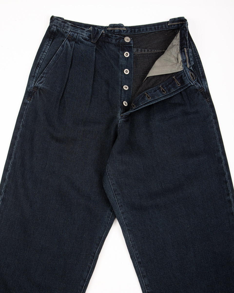 MotivMfg Pleat Denim Trousers - Char Navy Overdyed Linen Denim - Standard & Strange