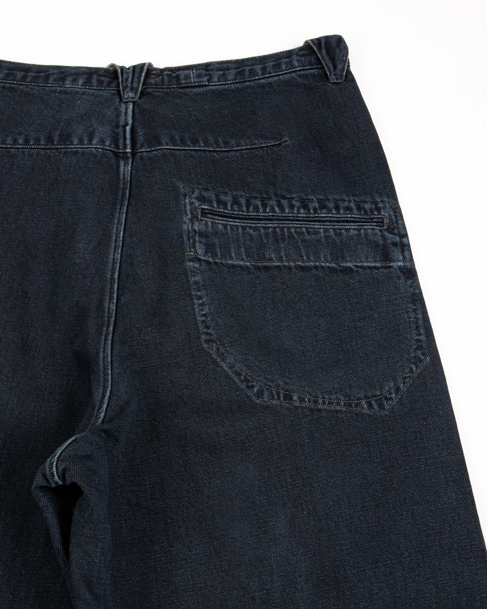 MotivMfg Pleat Denim Trousers - Char Navy Overdyed Linen Denim - Standard & Strange