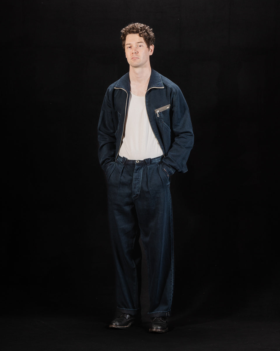 MotivMfg Pleat Denim Trousers - Char Navy Overdyed Linen Denim - Standard & Strange