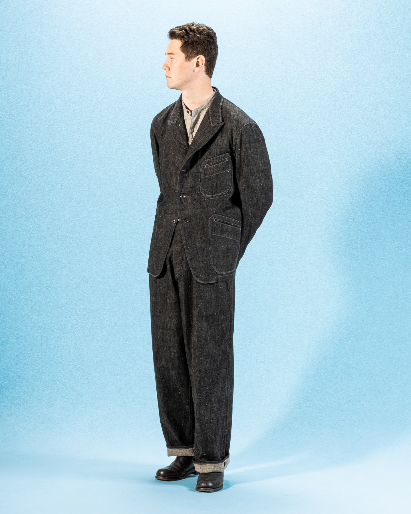 MotivMfg Peak Lapel Lounge Jacket - Char Brown Donegal Denim - Standard & Strange