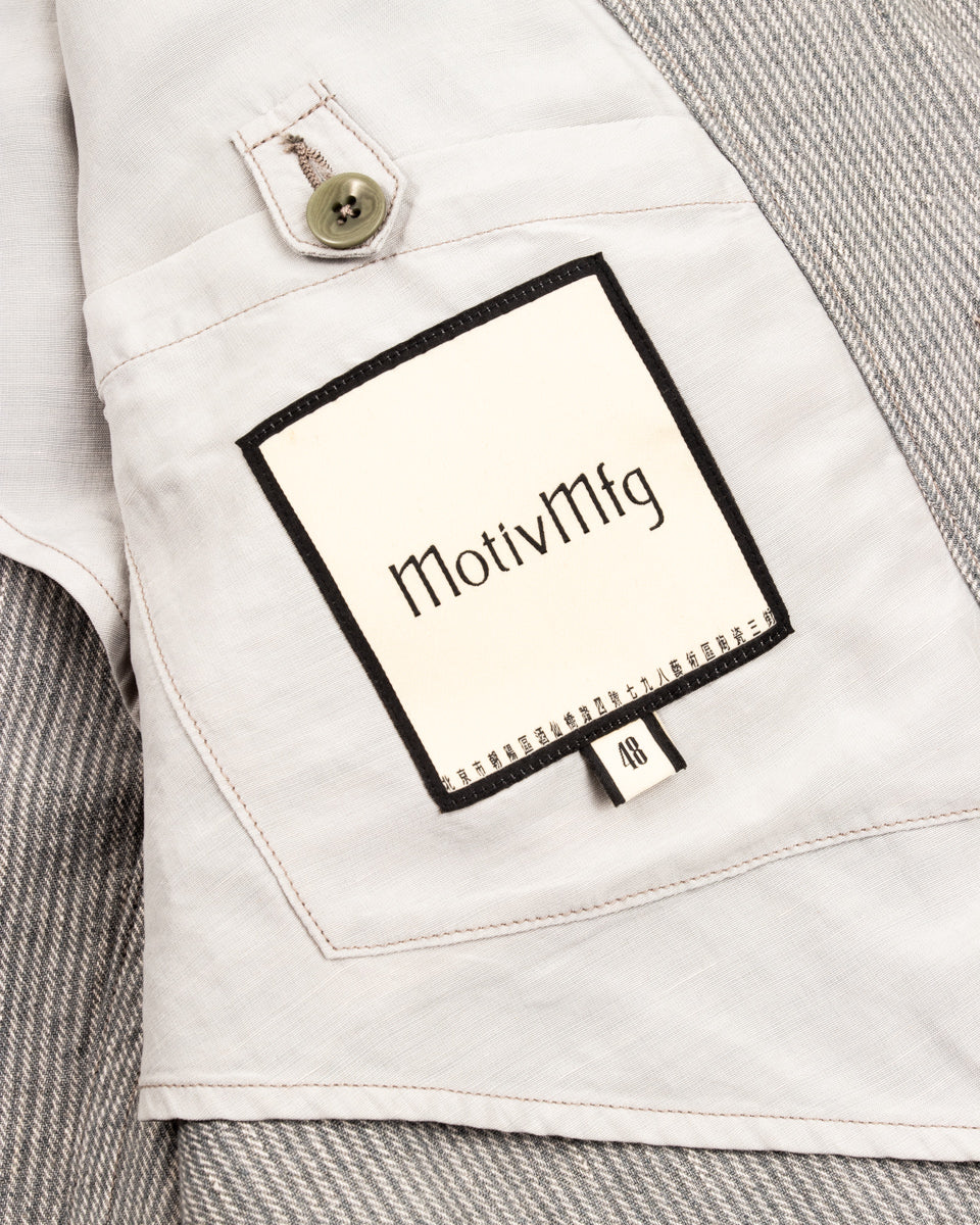 MotivMfg Peak Lapel Sack Jacket - Light Grey Stripe High Twist Linen Serge - Standard & Strange