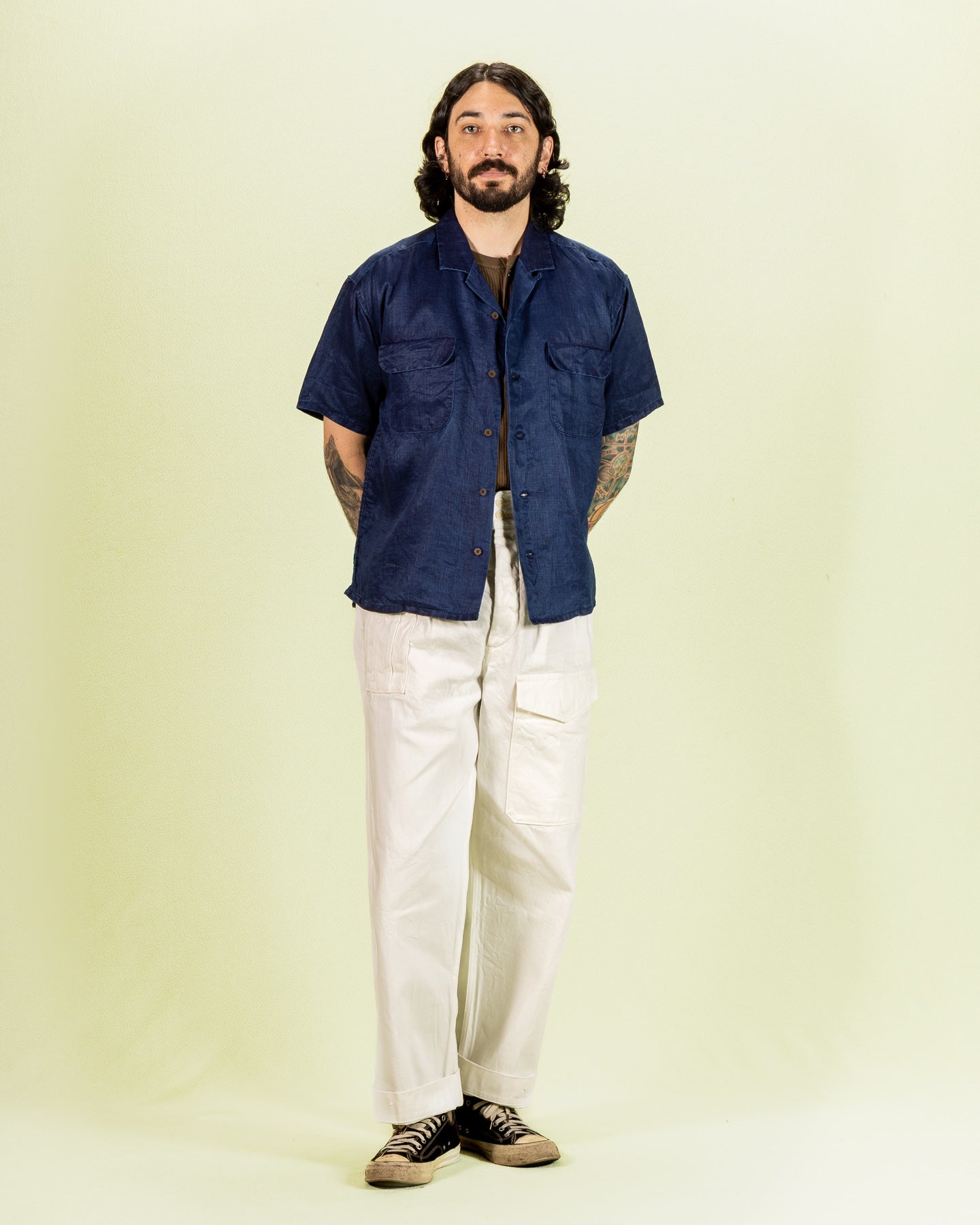 Open Collar S/S Shirt - Indigo Linen