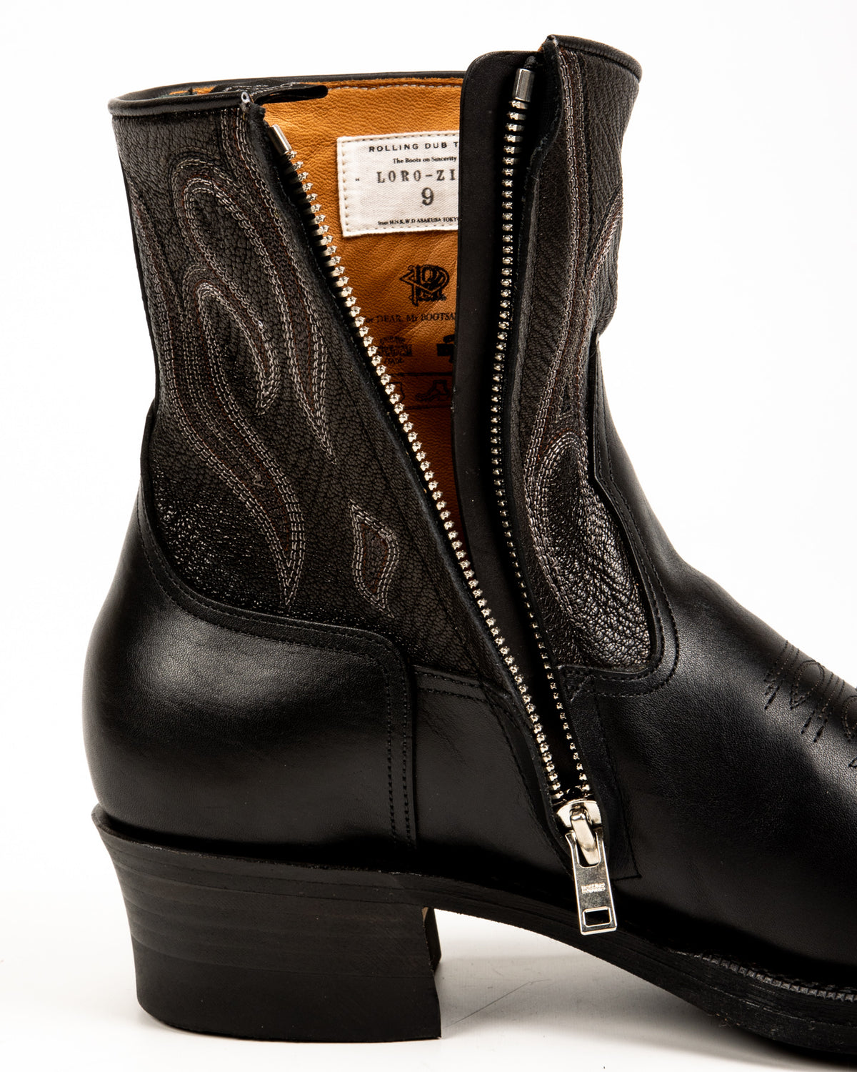Rolling Dub Trio Loro Side Zip - Goat/Calf Black Flame Embroidery - Standard & Strange