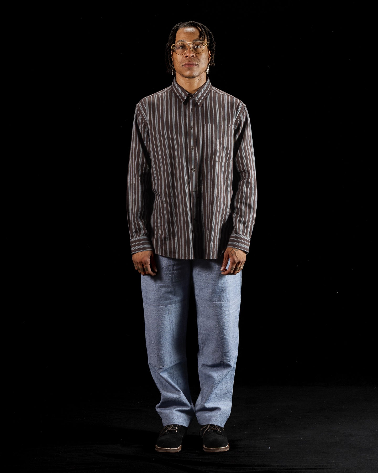 Brook L/S Shirt - Handwoven Plum/Indigo Kala Cotton Variegated Stripe