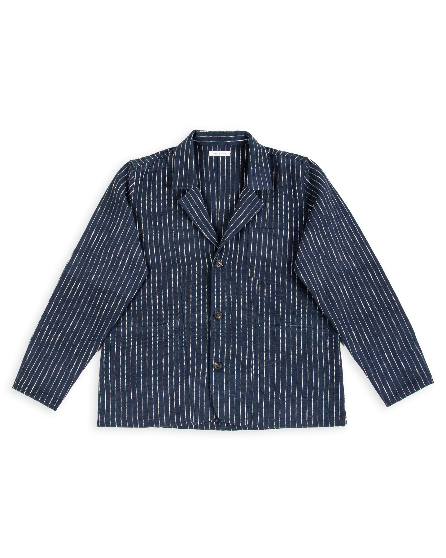 Study Jacket - Handwoven Dark Indigo/Ecru Ticking Stripe
