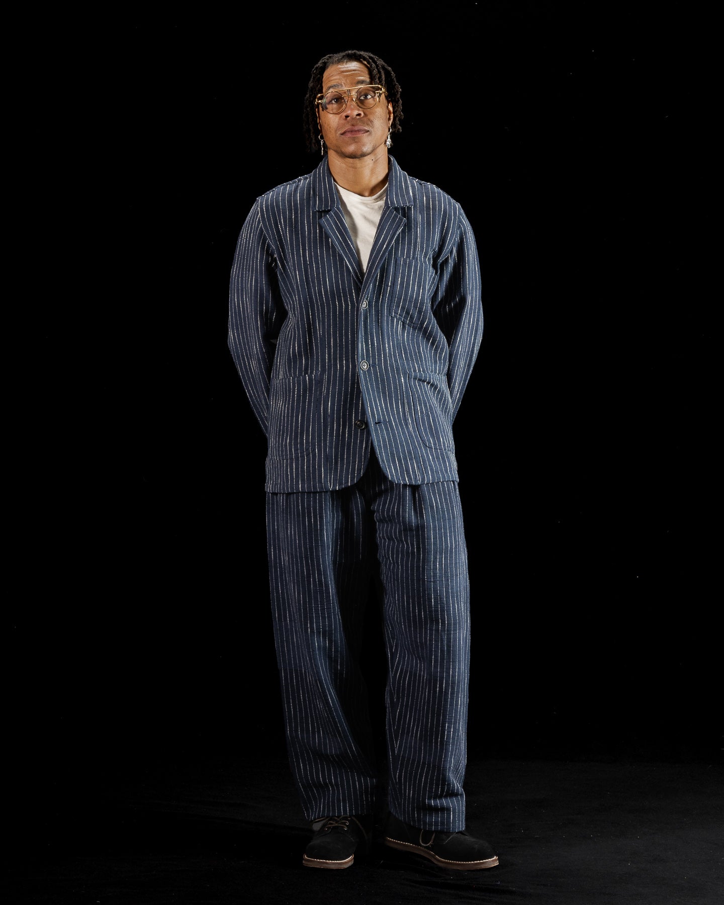Study Jacket - Handwoven Dark Indigo/Ecru Ticking Stripe