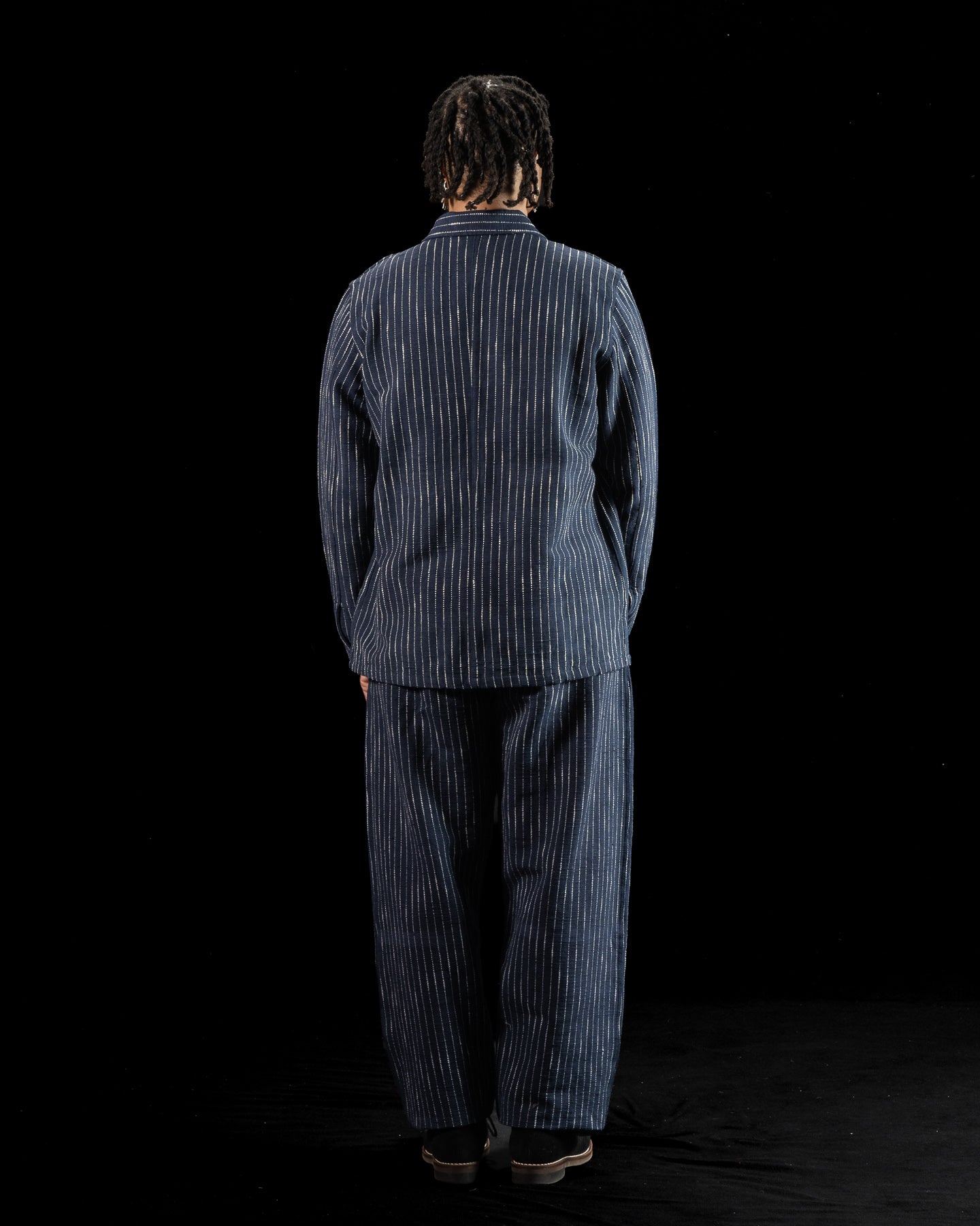 Study Jacket - Handwoven Dark Indigo/Ecru Ticking Stripe