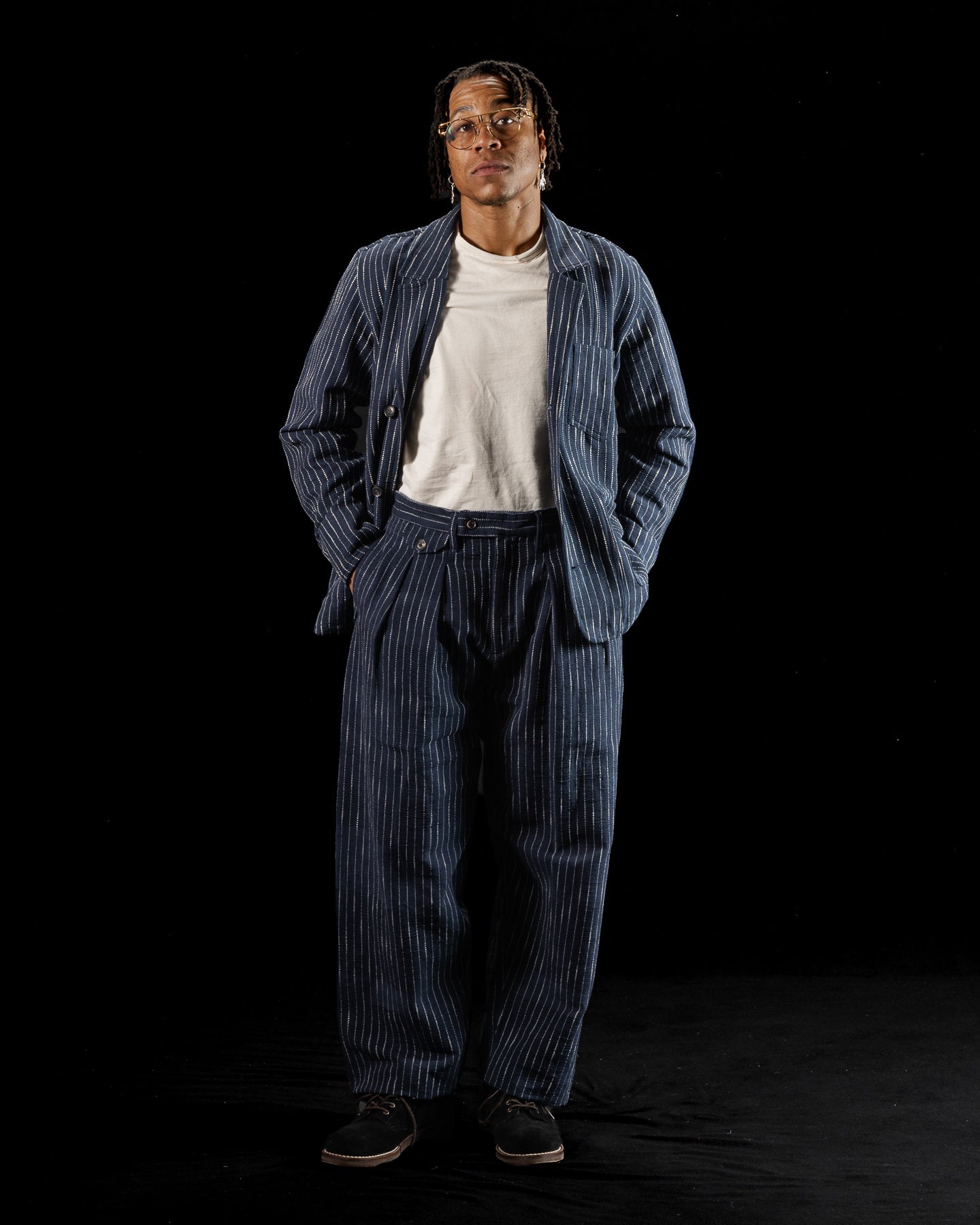 Study Jacket - Handwoven Dark Indigo/Ecru Ticking Stripe