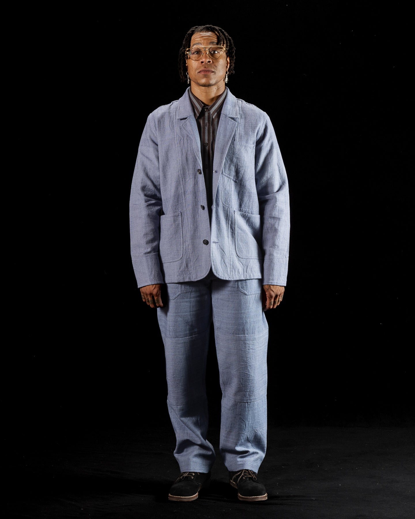 Study Jacket - Handwoven French Blue/Indigo Military Herringbone