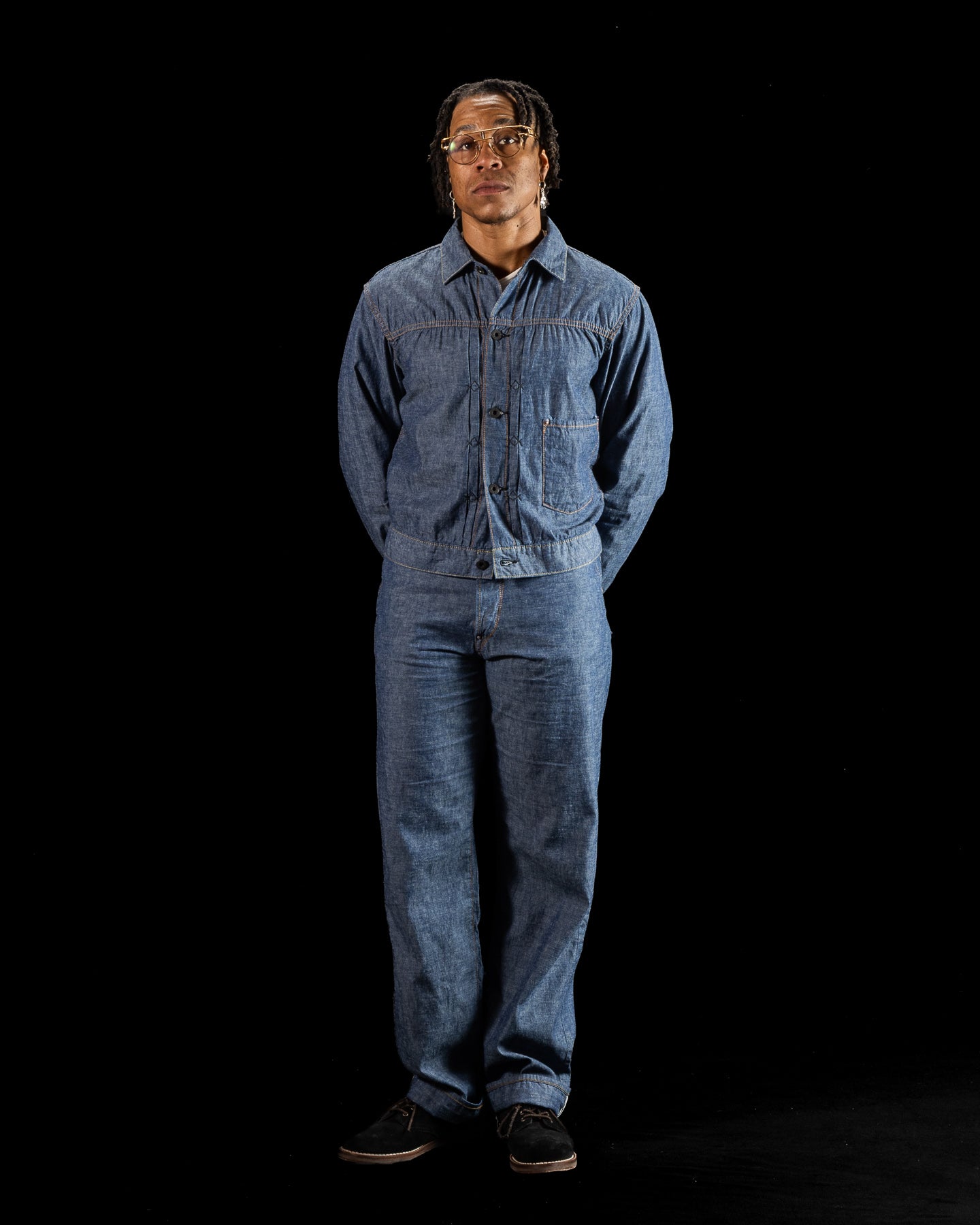 Black Sign 5.5oz Selvage Chambray Pleats Jacket - Indigo Chambray - Standard & Strange
