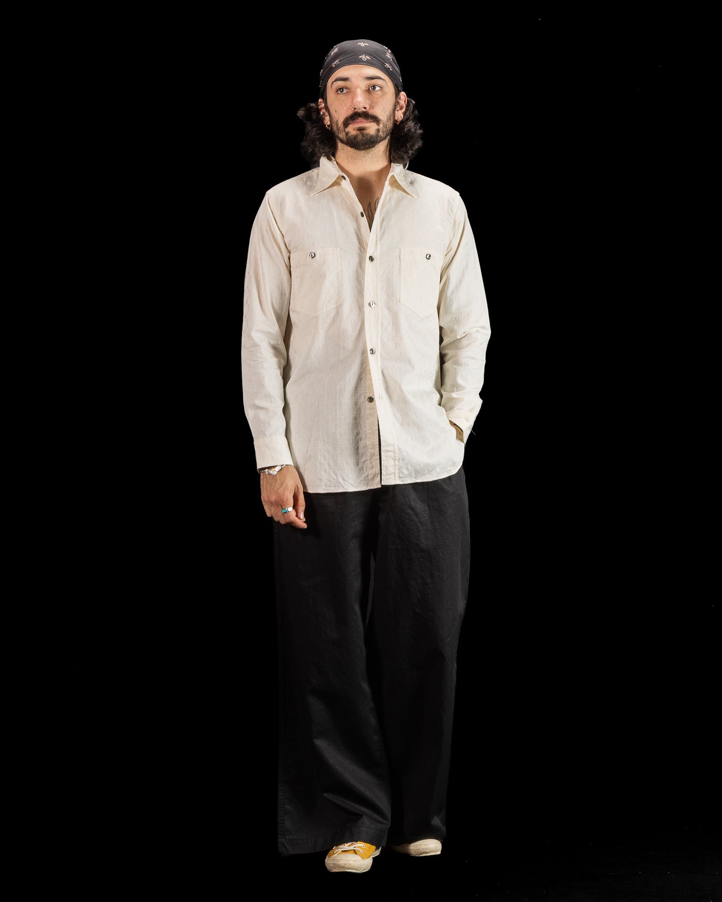 Black Sign Fine Pattern Jacquard Open Pocket Work Shirt - Salt White - Standard & Strange
