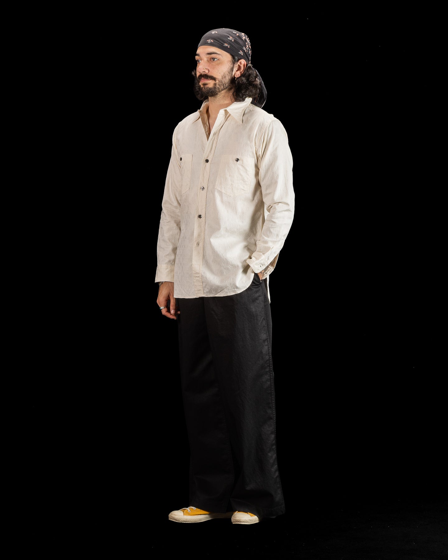 Black Sign Fine Pattern Jacquard Open Pocket Work Shirt - Salt White - Standard & Strange