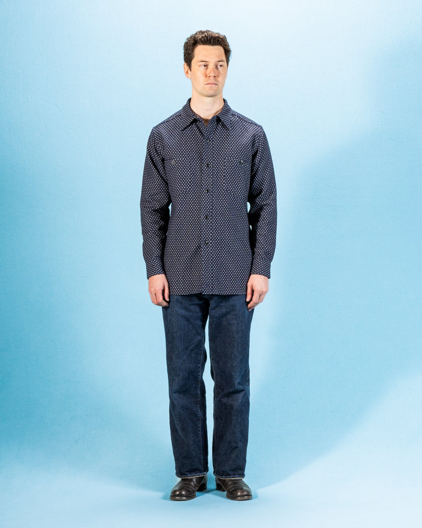 Black Sign Jacquard Cross Open Pocket Work Shirt - Dark Indigo - Standard & Strange