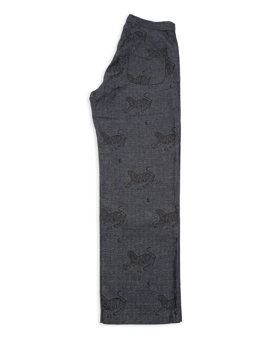 Black Sign Tiger & Crescent Moon Adjustable Waist Trousers - Deep Indigo - Standard & Strange