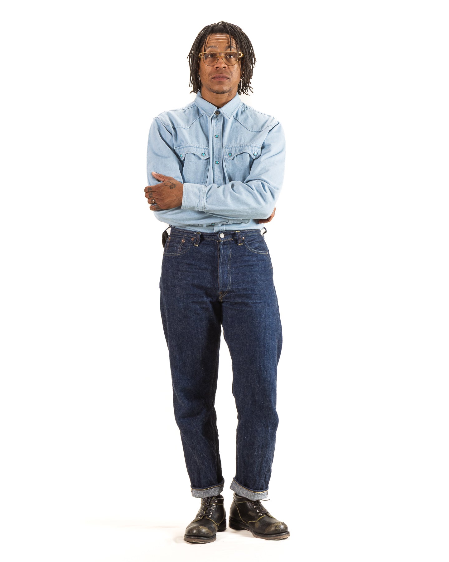 Freenote Modern Western Shirt - 11oz Bleached Denim / Turquoise - Standard & Strange
