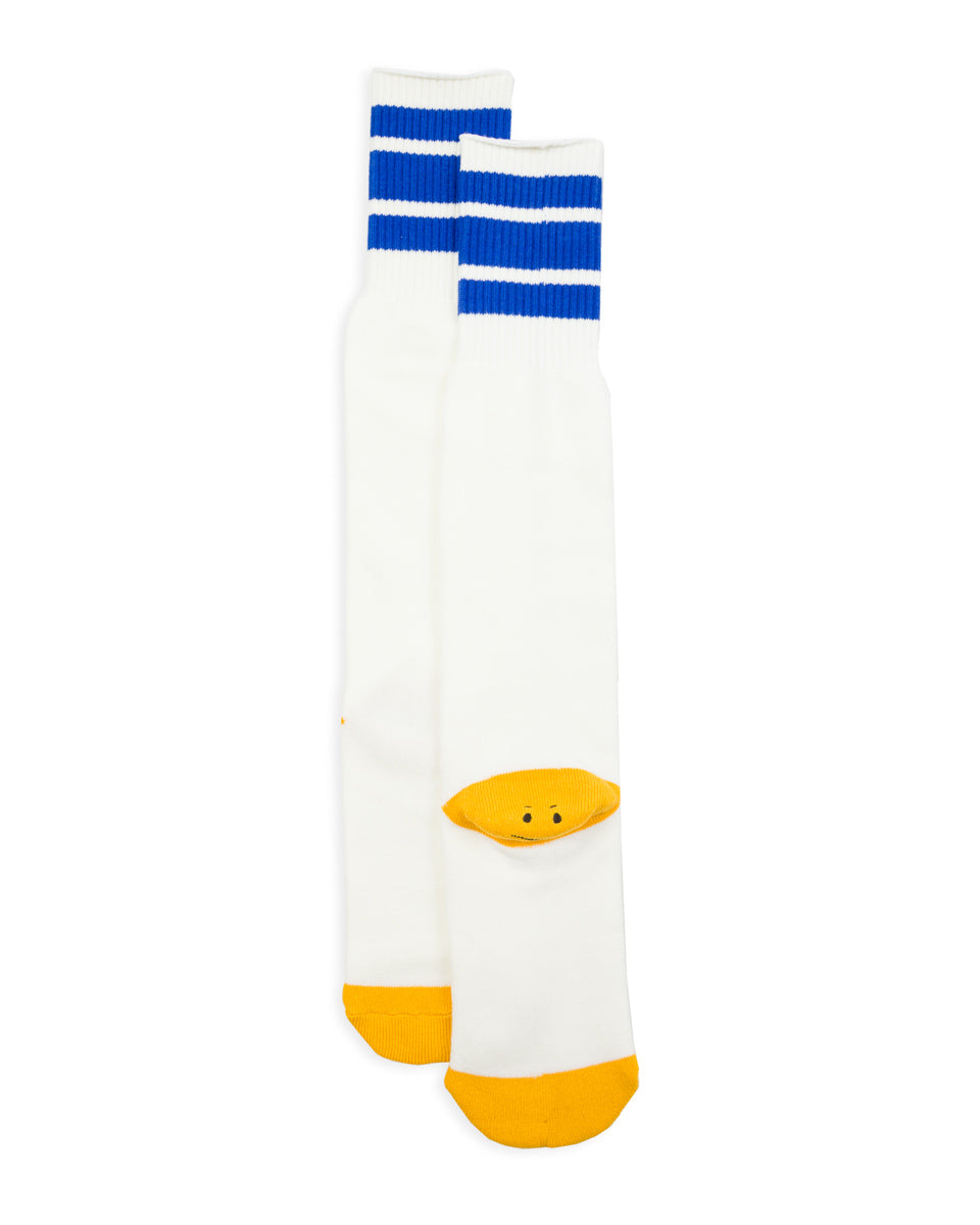 Kapital 144 Yarns HAPPY HEEL Embroidered SKATERS Knee-High Socks - White x Blue - Standard & Strange