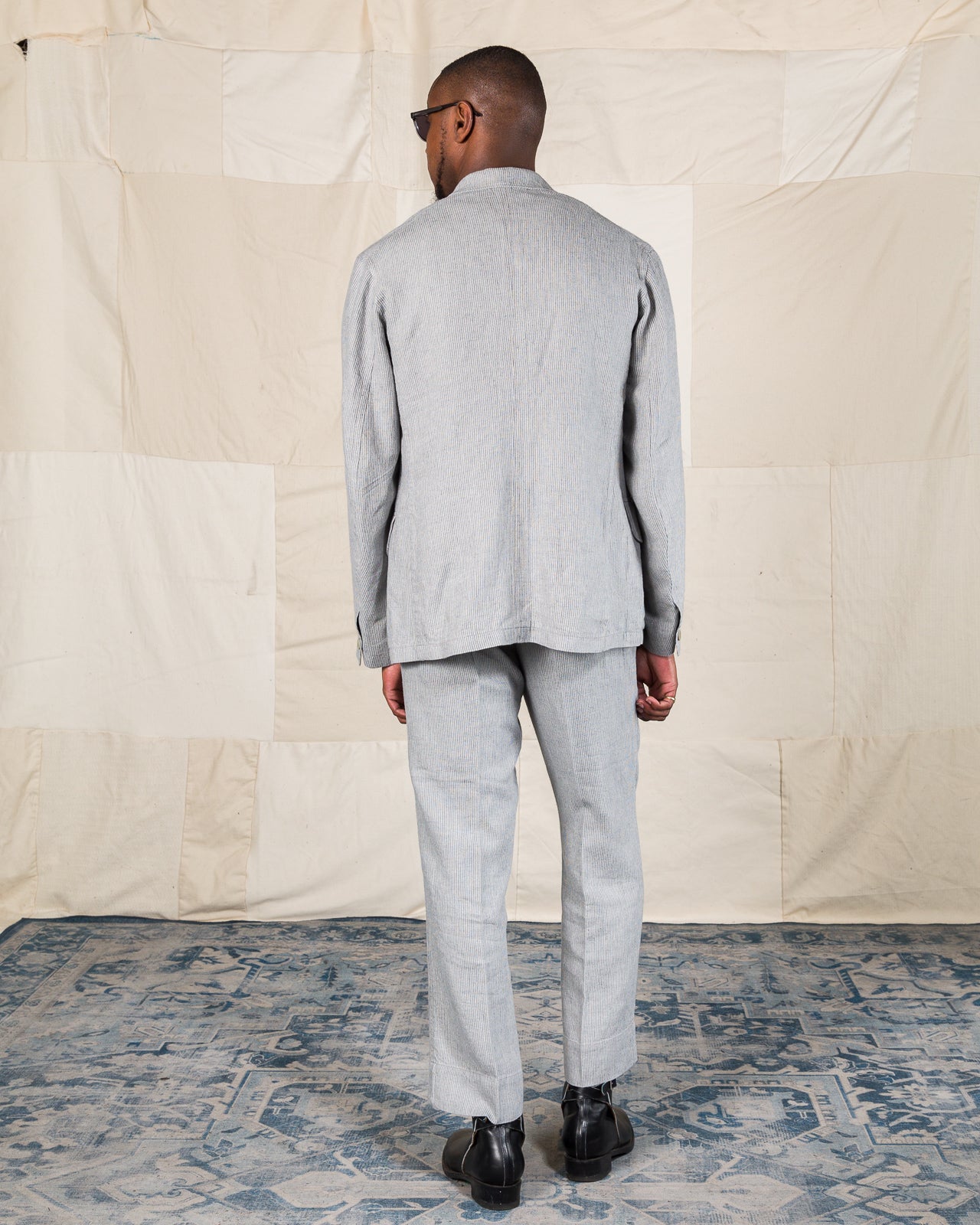 MotivMfg Peak Lapel Sack Jacket - Light Grey Stripe High Twist Linen Serge - Standard & Strange