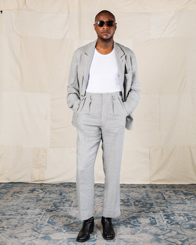 MotivMfg Peak Lapel Sack Jacket - Light Grey Stripe High Twist Linen Serge - Standard & Strange