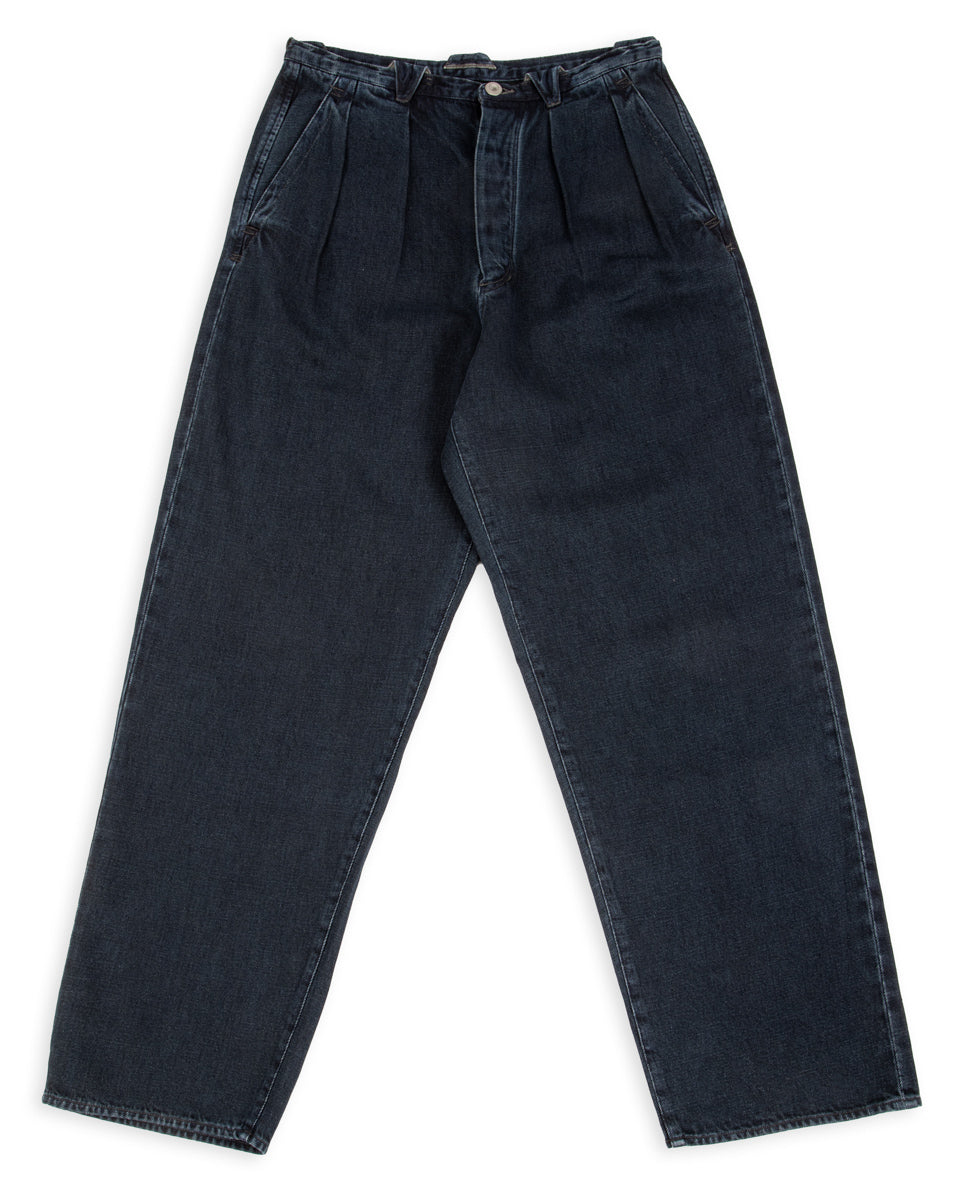 MotivMfg Pleat Denim Trousers - Char Navy Overdyed Linen Denim - Standard & Strange