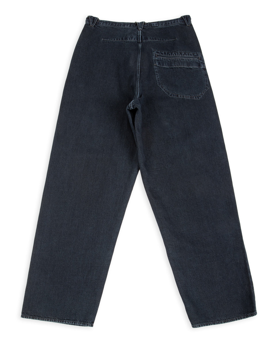 MotivMfg Pleat Denim Trousers - Char Navy Overdyed Linen Denim - Standard & Strange