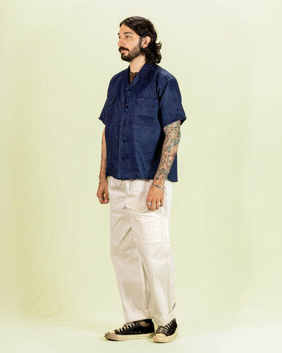 Open Collar S/S Shirt - Indigo Linen