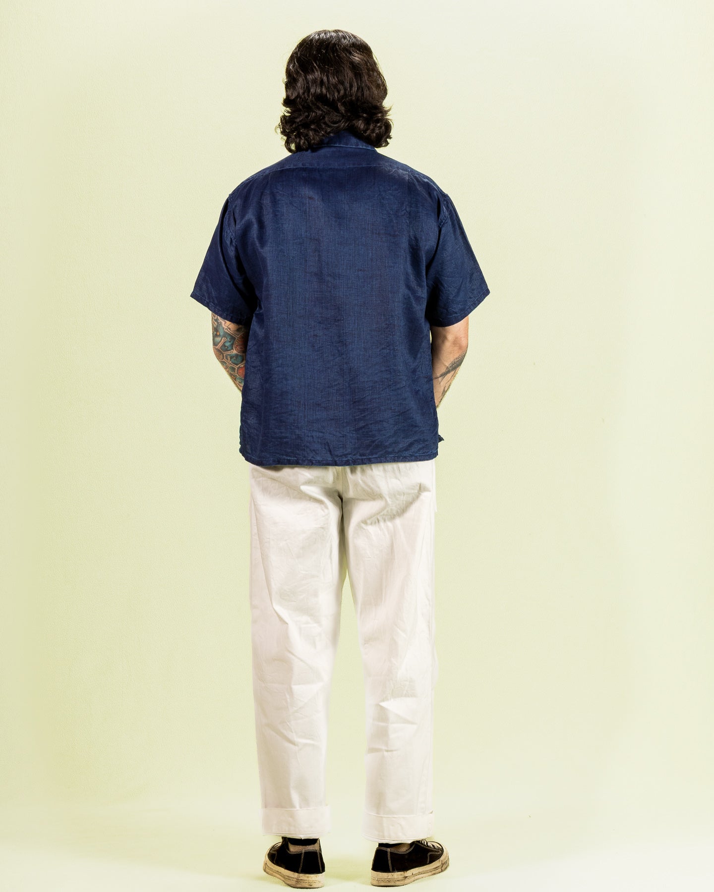 Open Collar S/S Shirt - Indigo Linen