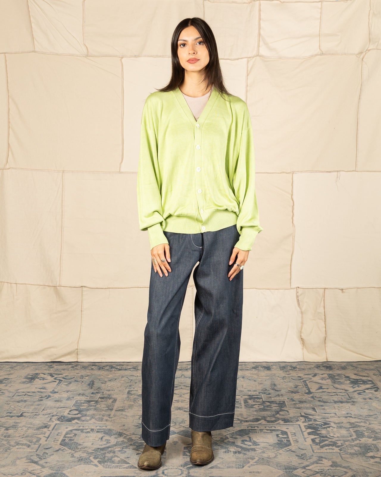 Olde H & Daughter Silk Plain Stitch V Neck Cardigan - Pistachio 10 - Standard & Strange