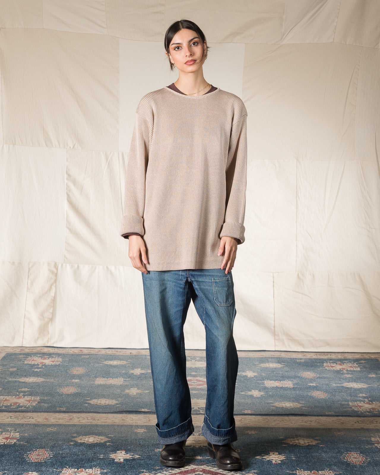 Olde H & Daughter Silk Hand Knitting Heavyweight Rib Pullover - Beige 8 - Standard & Strange