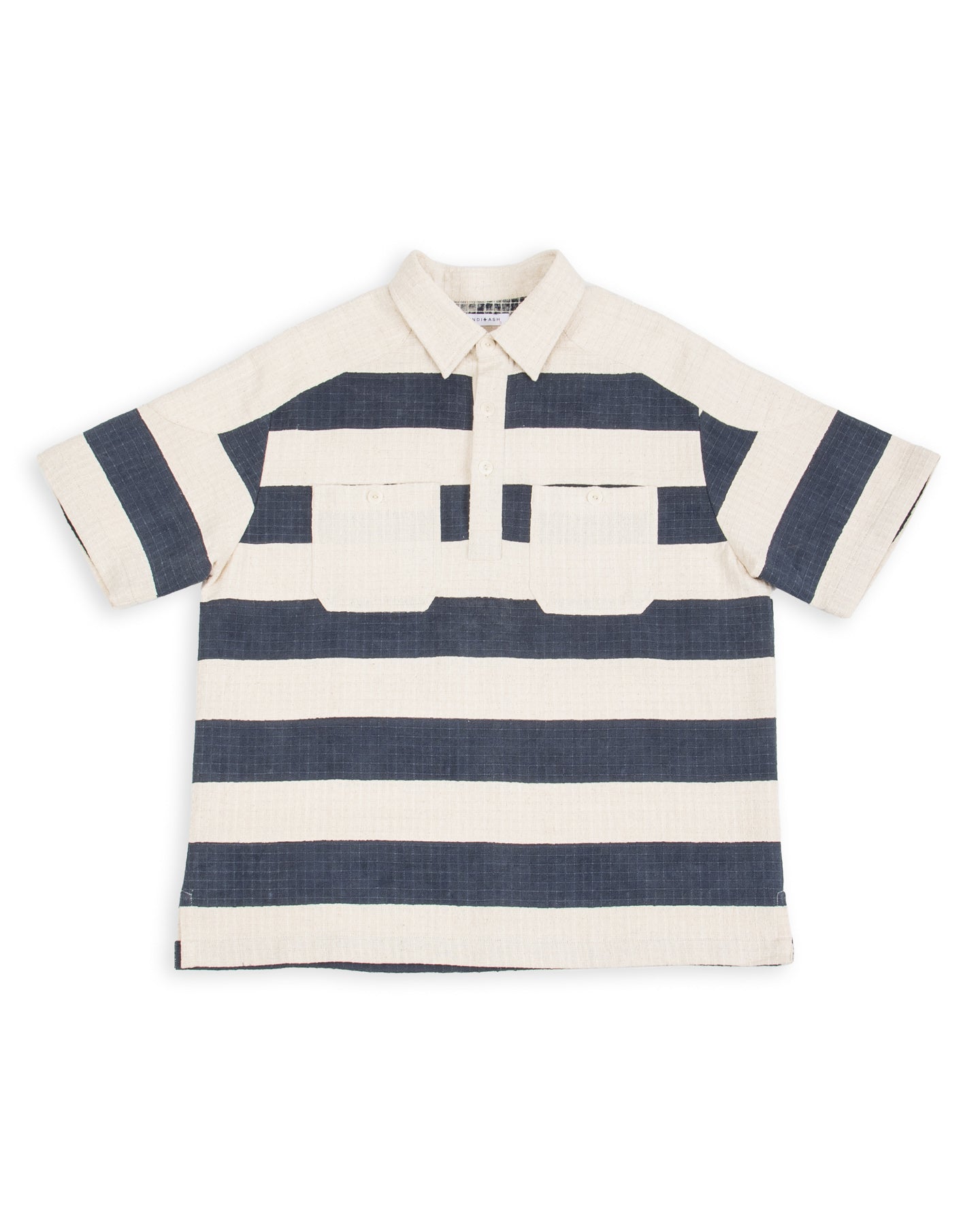 Rugby Shirt - Handwoven Natural/Indigo Ripstop Black Print Stripe