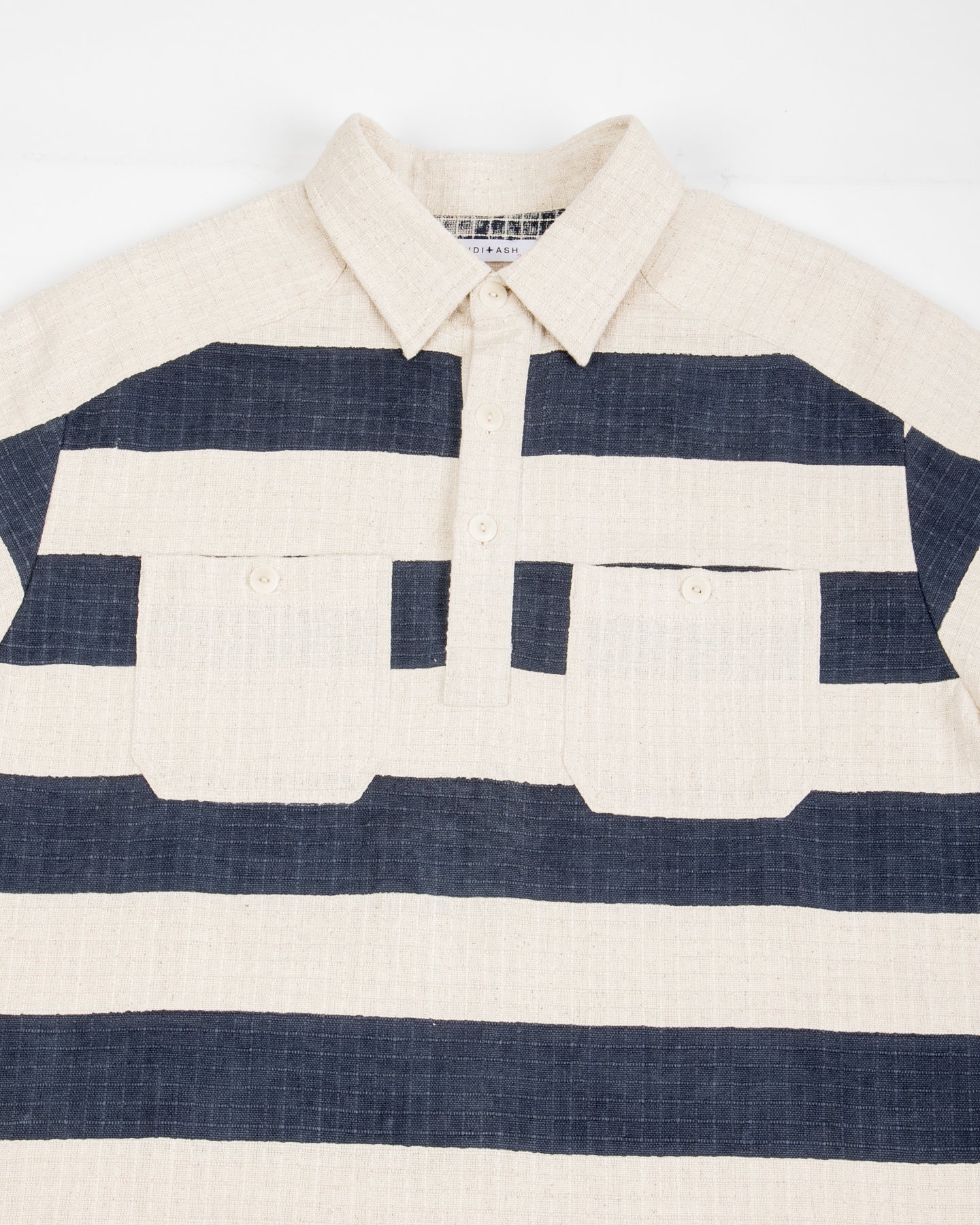 Rugby Shirt - Handwoven Natural/Indigo Ripstop Black Print Stripe
