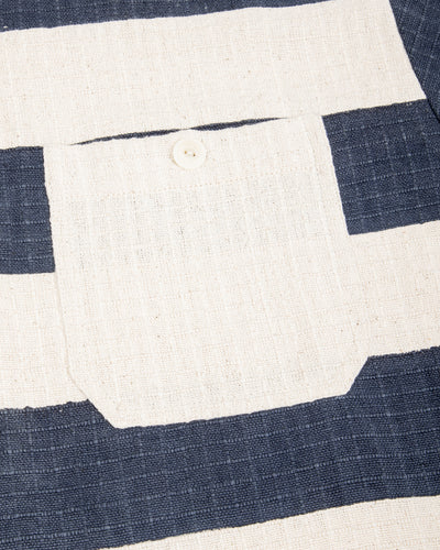 Rugby Shirt - Handwoven Natural/Indigo Ripstop Black Print Stripe