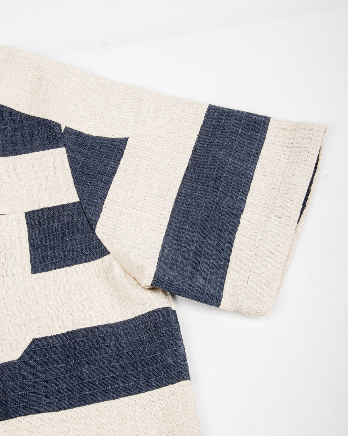 Rugby Shirt - Handwoven Natural/Indigo Ripstop Black Print Stripe