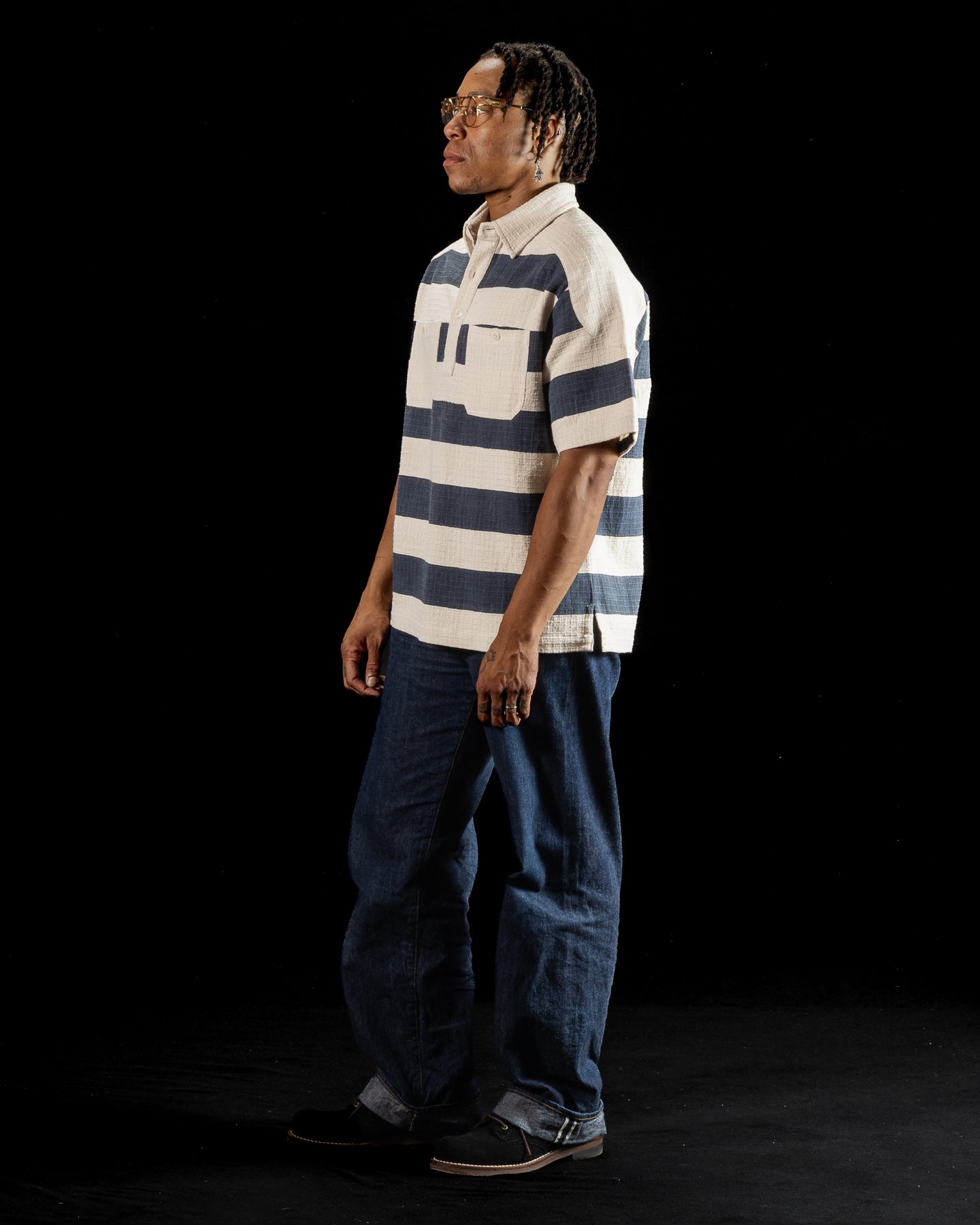 Rugby Shirt - Handwoven Natural/Indigo Ripstop Black Print Stripe