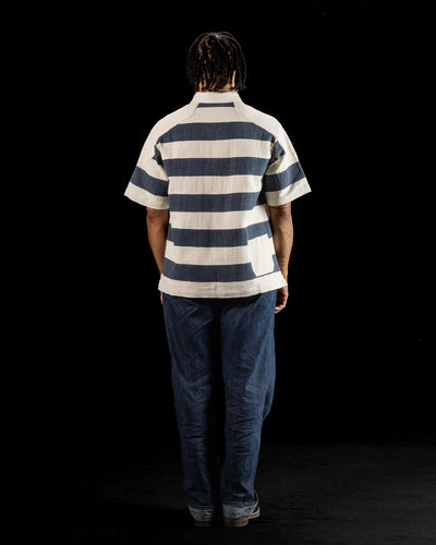 Rugby Shirt - Handwoven Natural/Indigo Ripstop Black Print Stripe