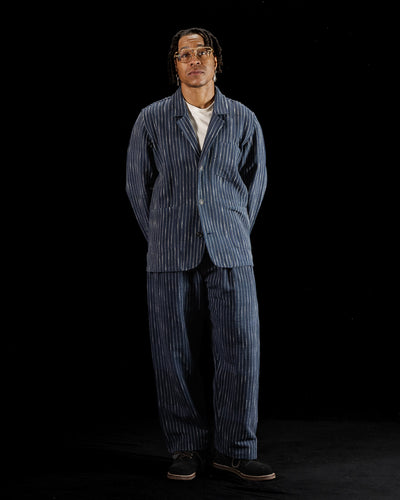 Study Jacket - Handwoven Dark Indigo/Ecru Ticking Stripe